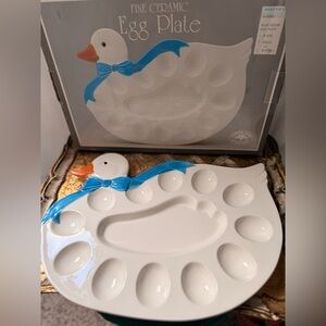Ceramic Goose Egg Plate with Blue Accents